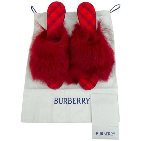 Burberry Prorsum Red Shearling Slide Sandals with Plaid - Picture 7 of 7